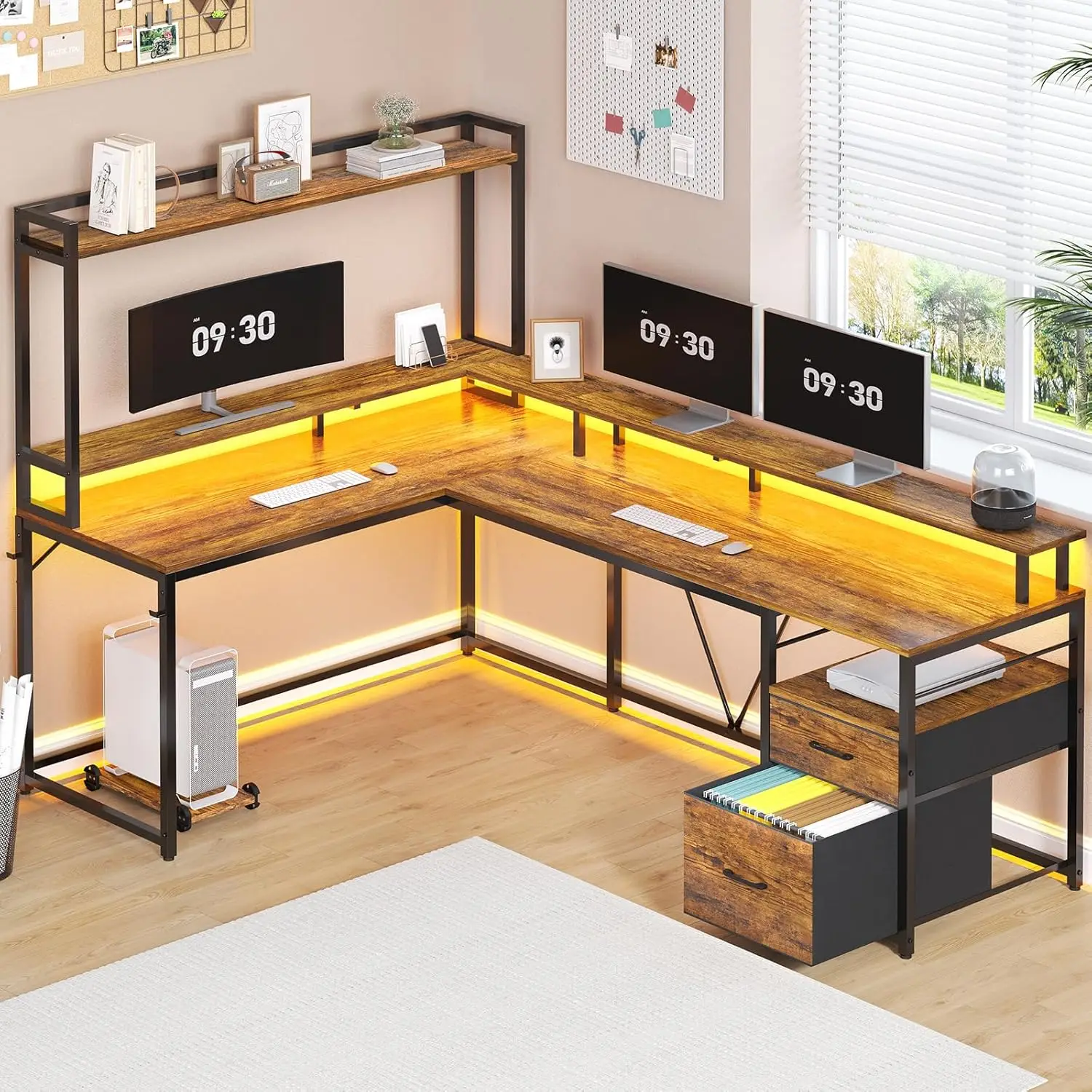 Mesa Gaming Canto reversível com Hutch e luzes Led, 2 Pessoa Desk, Rustic Brown