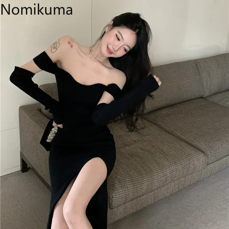 Nomikuma abiti per le donne 2023 primavera Slash Neck Off spalla Slim Vestidos Para Mujer abiti lunghi moda Sexy eleganti retrò