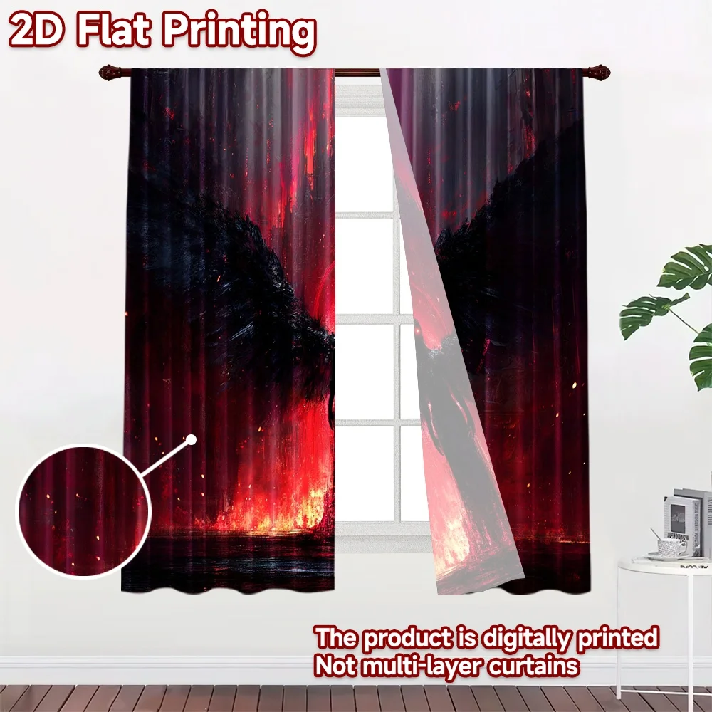 2D flat printing 2pcs Window Curtains Dark Angel Fiery Digital Printed Polyester Drapes Festive Wall Decor Perfect for Outdoor