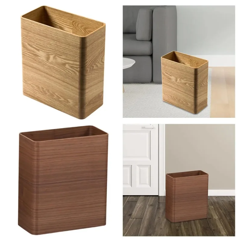 

Wooden Trash Can Lidless Paper Basket Wood Grain Rectangular Garbage Container Bin for Living Room Dorm Craft Room Home Kitchen