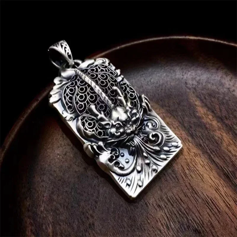 Sterling Silver S999 Pendant for Men's Dragon Brand Lion Awakening, Treasure Attraction, National Style, Retro and Dominant