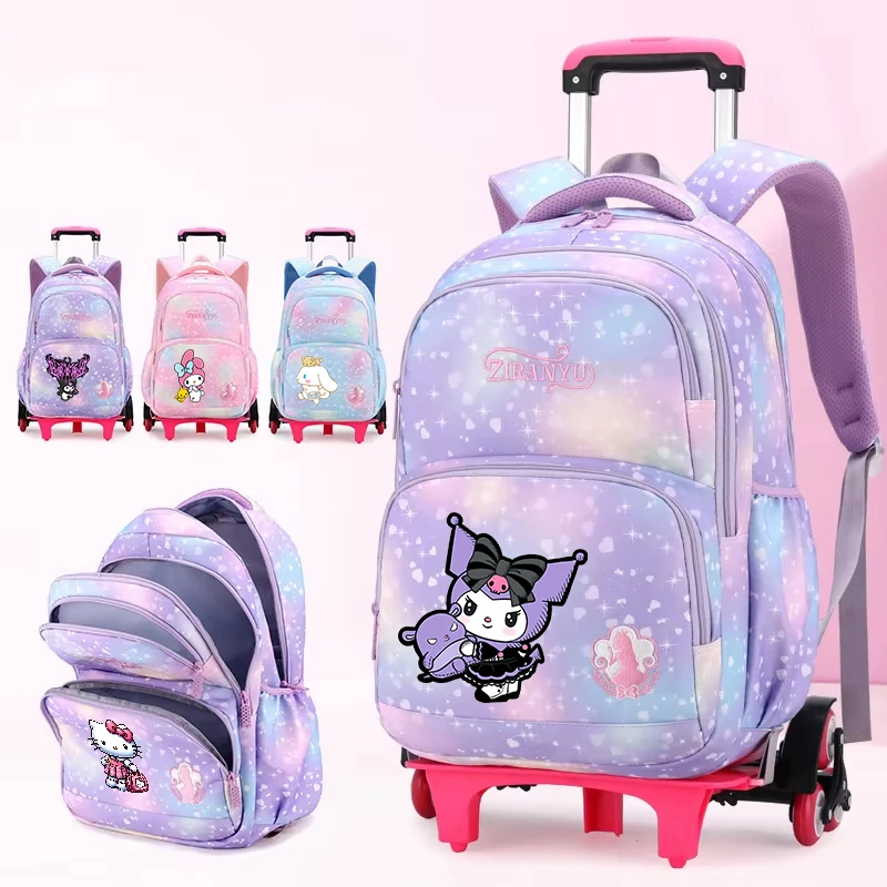 Mochila Hello Kitty Kuromi con ruedas, mochila para subir escaleras, gran capacidad, resistente al agua, mochila escolar para estudiantes y niñas