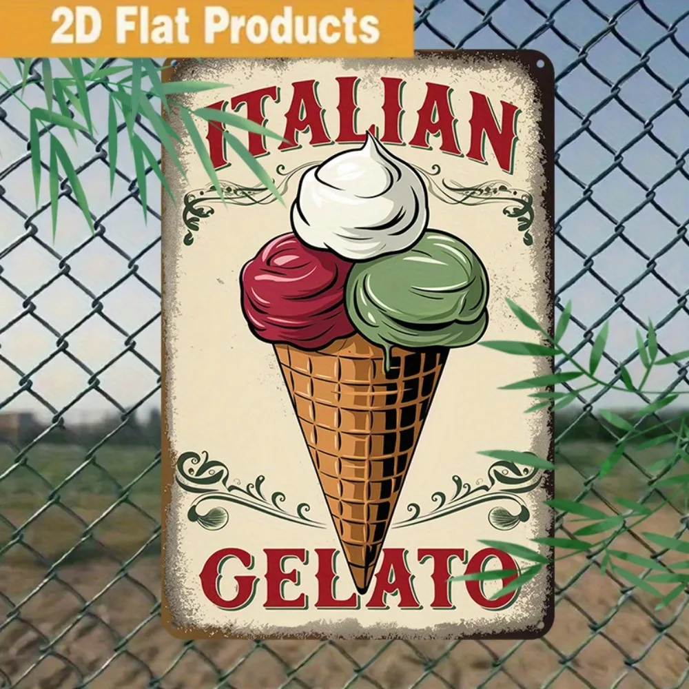 Letrero Vintage de Heladería Italiana |   Placa Metálica Resistente de Hierro con Texto, para Decoración de Cafeterías, Restaurantes y Bares