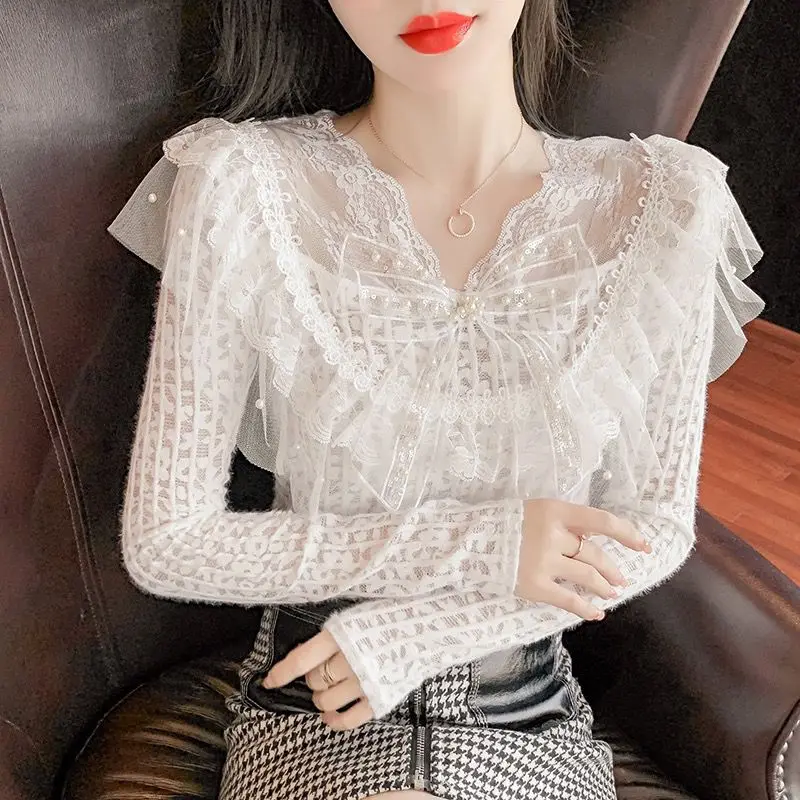 ボウレースビーズ付きフリースシャツ 2025秋冬 レディース 長袖フリースTシャツ オフィスレディー エレガント ホワイトレースブラウス ベースシャツ