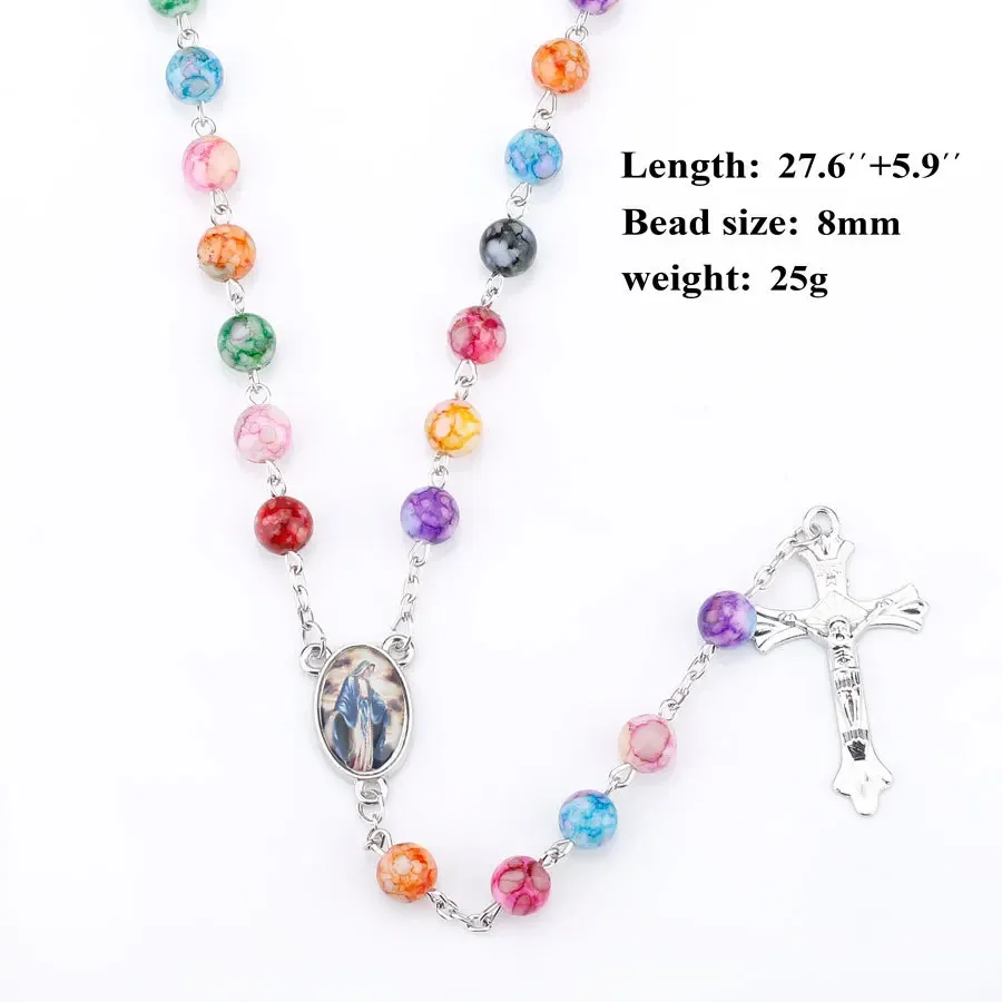 Catholic Rosary Virgin Mary Cross Prayer Amulet Luckey Pendant Necklace for Women Men Colored Imitation Pearl Necklace Jewelry