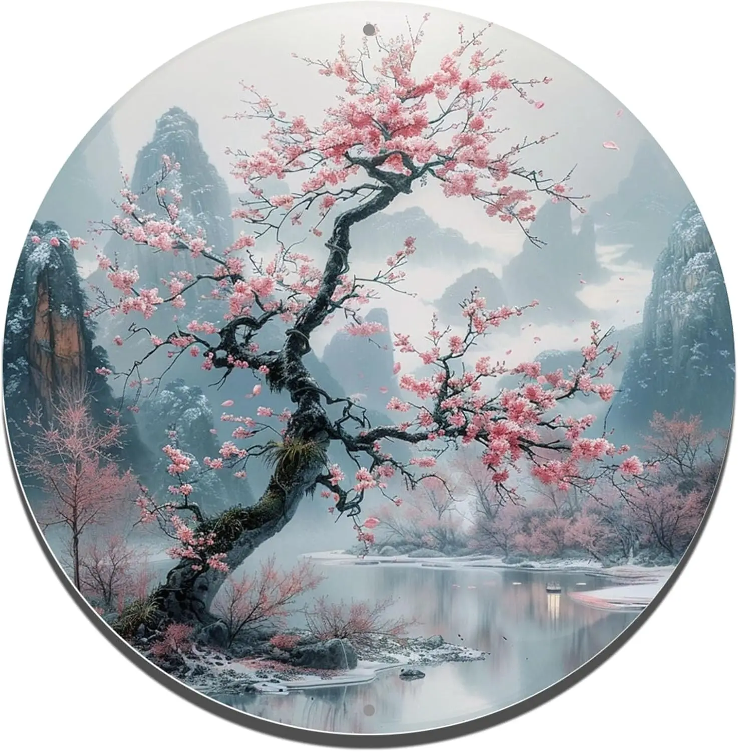 2D Flat Printing,Retro Round Metal Aluminum Sign,Cherry Blossom Avenue Theme Tin Sign, Wall Art Decor,Cafe Bar Club Living Room