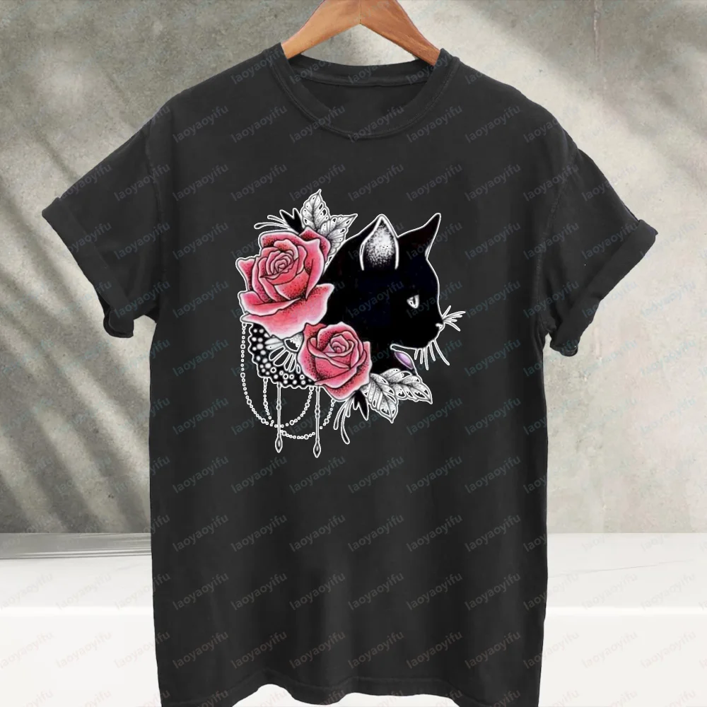 Gothic Black Cat Red Rose Vintage Tattoo Style Graphic T‑Shirt Aesthetic Floral Ornate Lace Chain Art Print Cotton Casual Tees