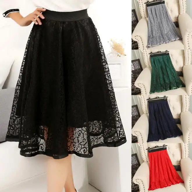 

2022 Vintage Summer Midi skirts womens Elastic High Waist tulle lace Skirt long Pleated A-line skirt women