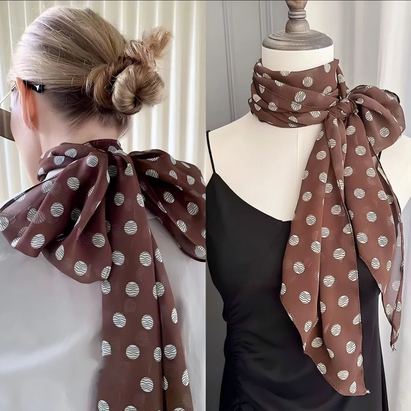 2026 Ins-Style Brauner Chiffon-Polka-Dot-Schal aus Seide, multifunktional als Damen-Halstuch, Haarband, Haaraccessoire – Detail 2