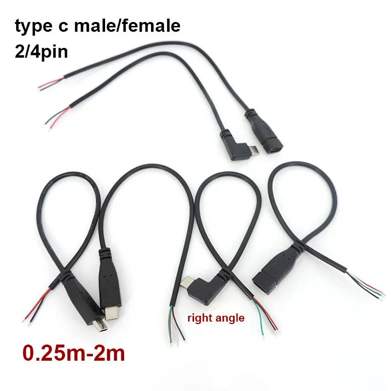 0.25-2M 2/4 core pin wire USB 2.0 Type C Male female elbow type-c Cable Connector right angle Plug DIY Repair data Charging cord