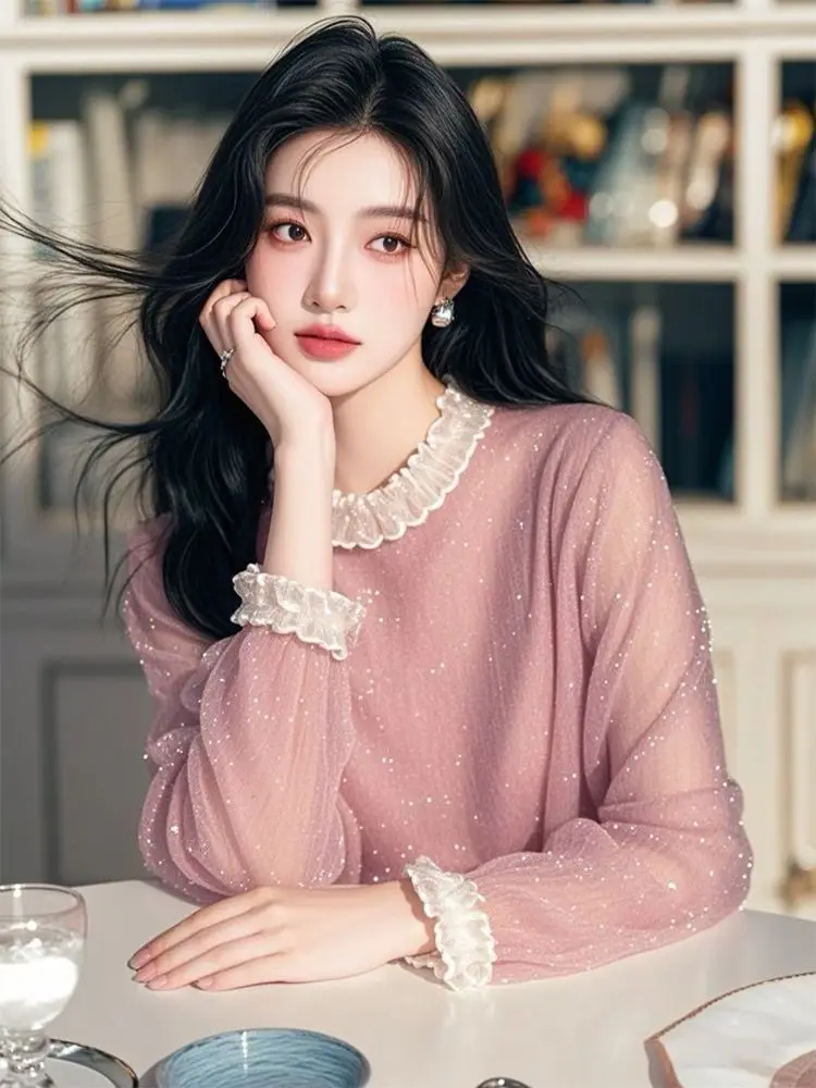 2025 Spring New French Glitter Chiffon Shirt Chic Lace Loose Shirt Top