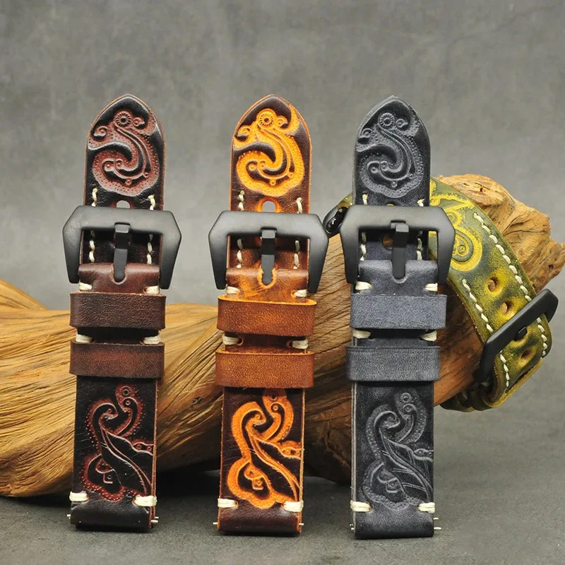 الجلود حزام الساعات لبانيراي 18 مللي متر 20 مللي متر 22 مللي متر 24 مللي متر خمر نحت الرجال حزام ساعة اليد اليدوية مخيط تنقش الأسود اكسسوارات #4