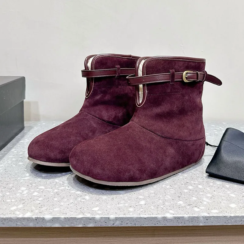 Flat Thick Sole Snow Boots Women Suede Round Toe Belt Buckle Decor Ankle Botas Mujer Ladies Winter Wool Lining Warm Short Boots