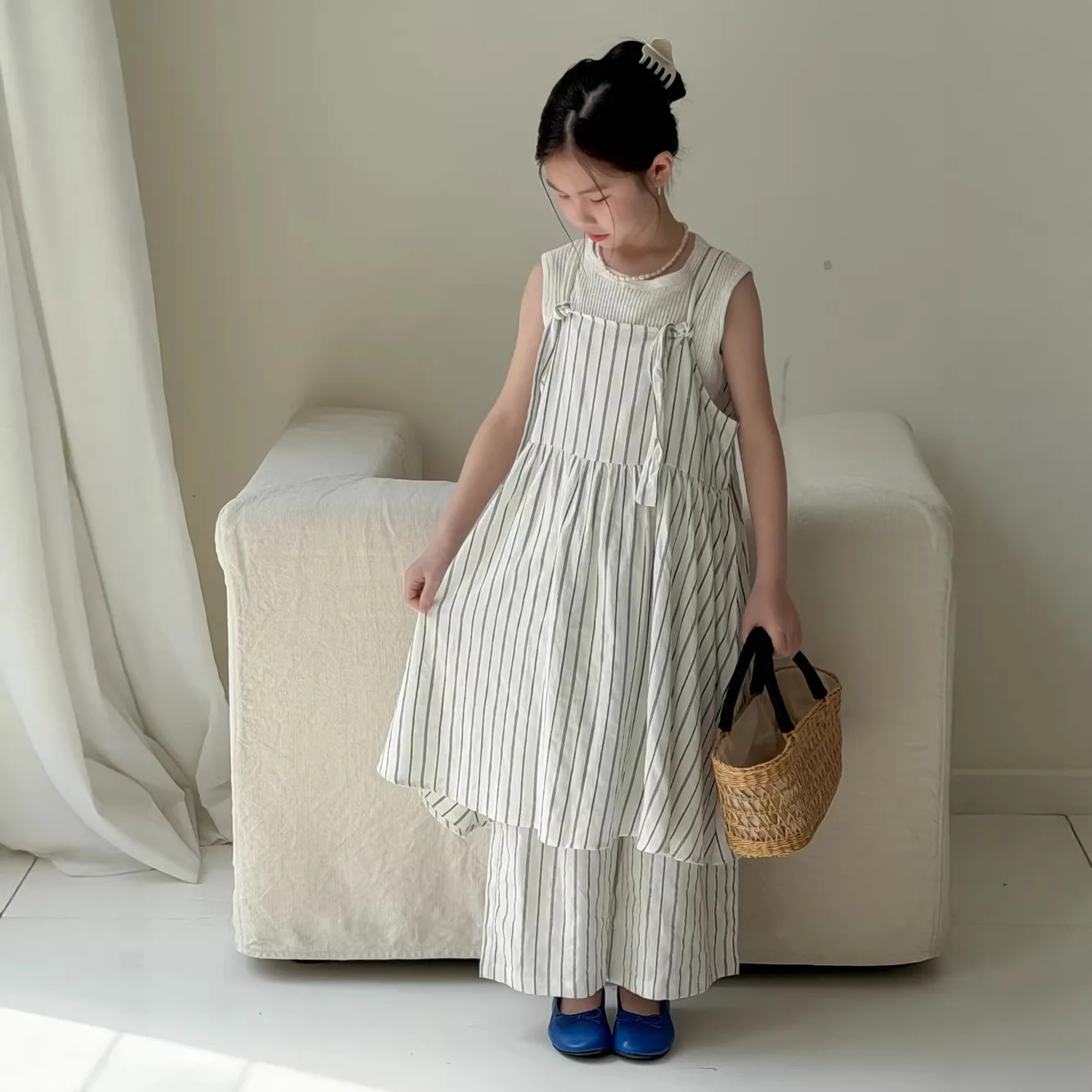 Girls Set 2026 Spring And Summer New Childrens Clothing Korean Girl Baby Literature And Fresh Vertical Stripe Suspender Two Sets