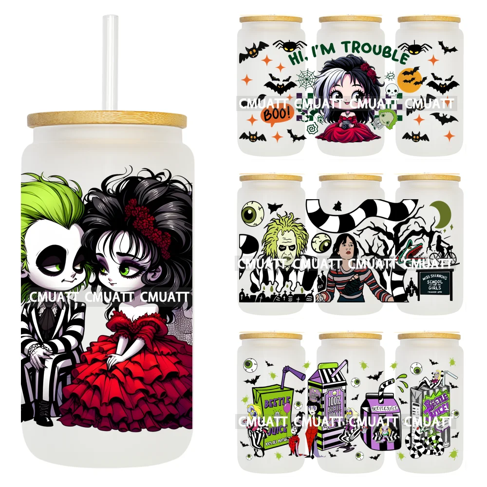 

Halloween Day Horror Movie A Couple Trouble Follows UV DTF Sticker Waterproof Wrap Transfer Printing For 16oz Libbey Glass Cup