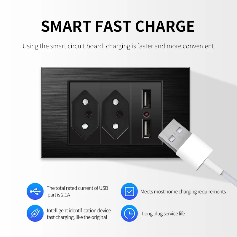 Brazilië Standaard Home Wandlamp Schakelaar Dc 5V 2. 1a Usb Type C Oplader 20a Brazilië Aluminium Geborsteld Paneel Computer Socket 118Mm