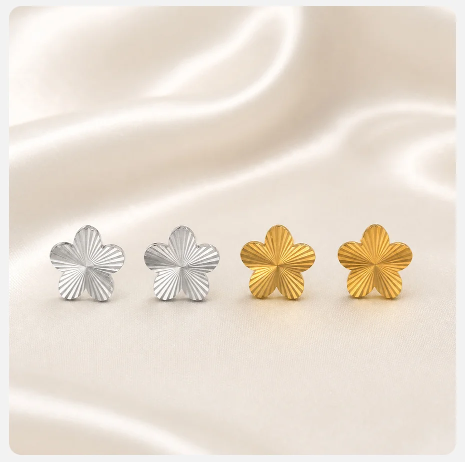Vnox Trendige Strukturierte Blumen-Ohrstecker für Damen, Edelstahl, vergoldet, mit Schraubverschluss, Blumen-Ohrringe, Alltagsschmuck – Detail 5