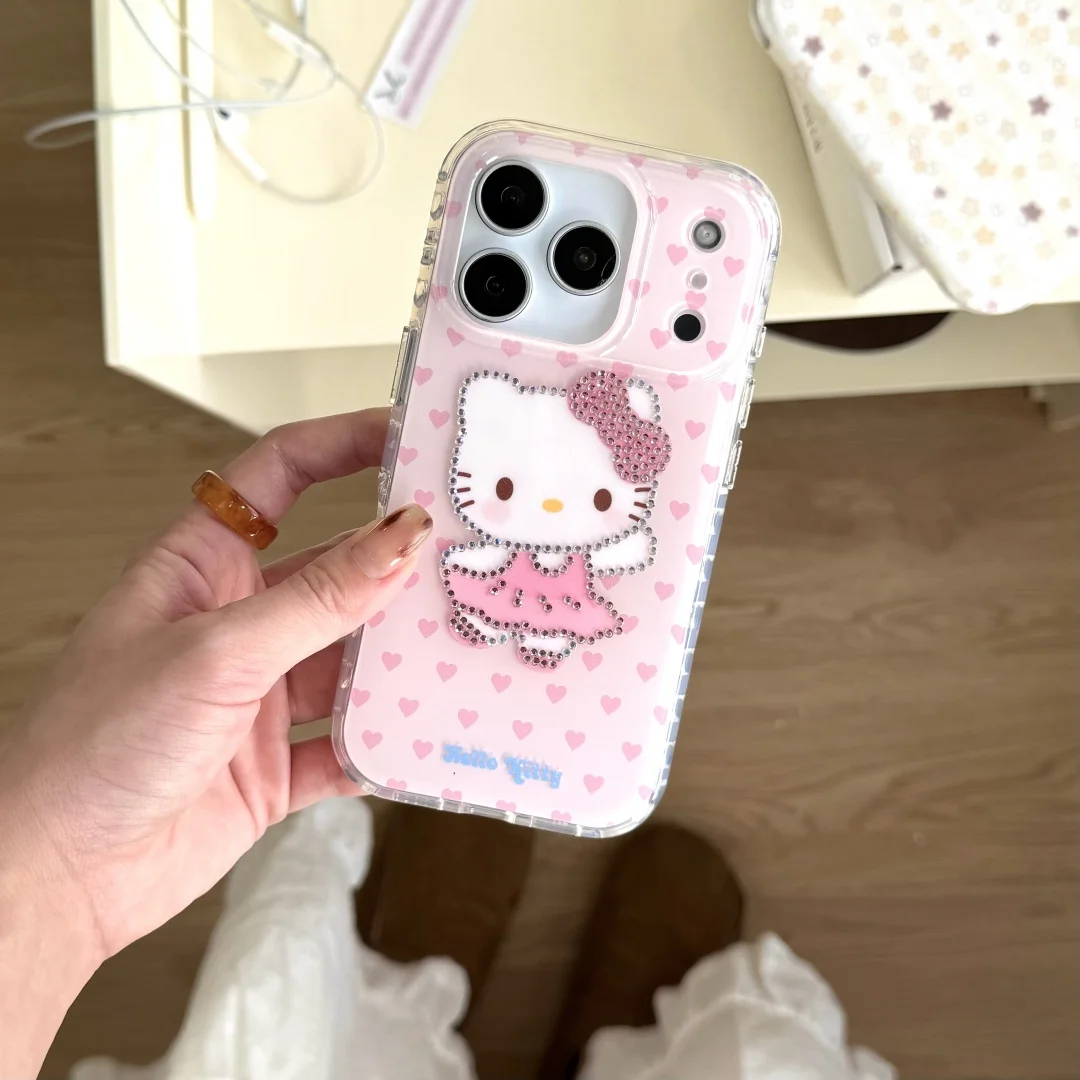 

3D Lovely Rhinestone Hello Kitty Full Screen Pink Heart Pattern Phone Case For iPhone 17 16 15 14 13 Pro Max 16 Plus Y2K Cover