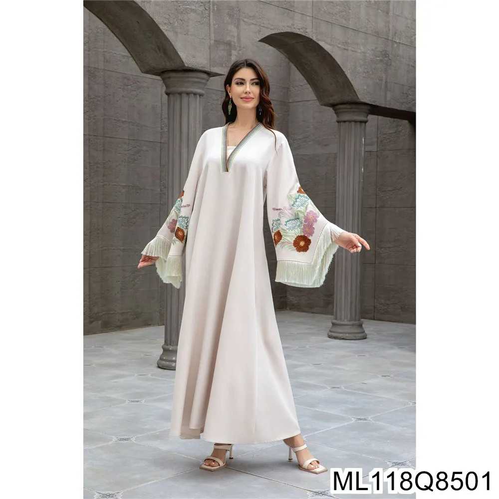 2025 Middle Eastern Muslim Women's Long Robe V-neck Embroidered Tassel Elegant Arab Dress Abay SW0833ML118Q85
