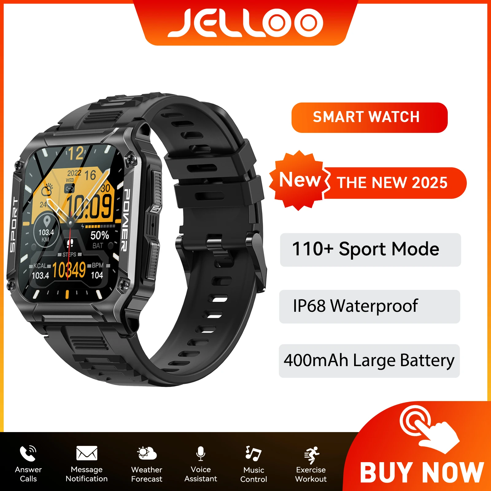 

JELLOO Military SmartWatch for Men with Compass Rugged Tactical Sports Smartwatch with Heart Rate Sleep Trackers for Android iOS