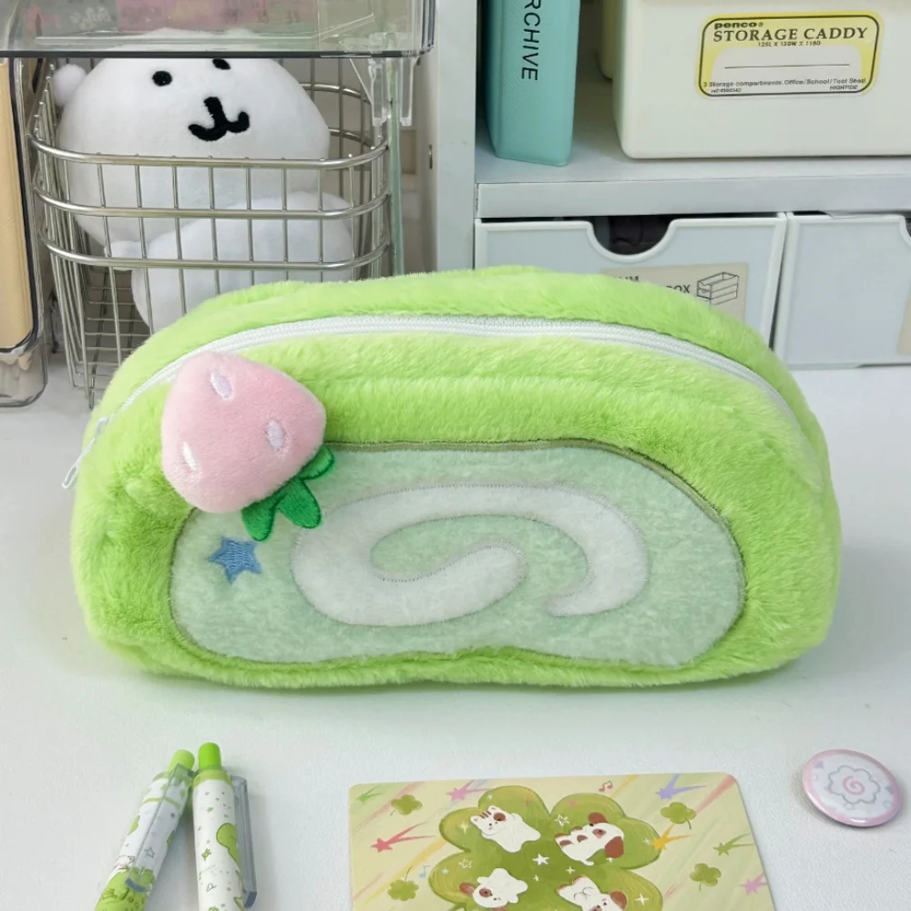 INS Melon Swiss Roll Green Plush Pencil Case Bag Creative Stationery Storage Bags Large Capacity Desk Organizer for Students