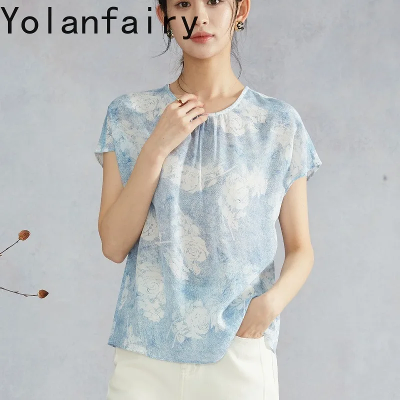YOLANFAIRY Crinkled Double Crepe Silk T-shirts for Women 100% Pure Mulberry Silk Rose Tie-dye Print Elegant Blouse Top Tee Shirt