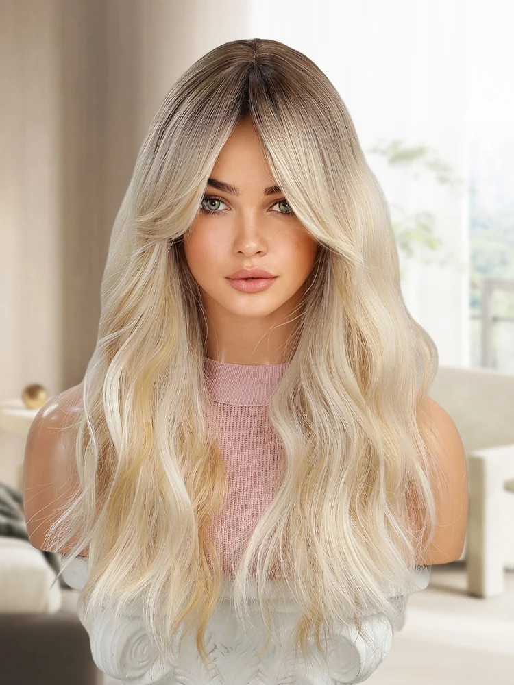 oneNonly Blonde Wig with Bangs Long Wave Good Quality Synthetic Wigs for Women Halloween Party Natural Heat Resistant Hair