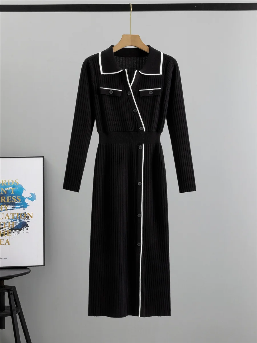 Women Lapel Button Knitted Dress Chic Elegant Slim Long Sleeve Knitwears Vestidos Fall Winter Design Mid Length Dresses New Robe