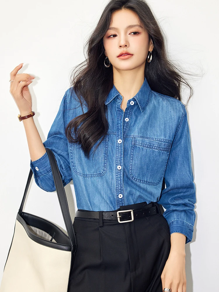 2024 Autumn Denim Shirt Women Fashion Harajuku Retro Shirt Korean Commuter Ladies Lapel Collar Long Sleeve Blouses