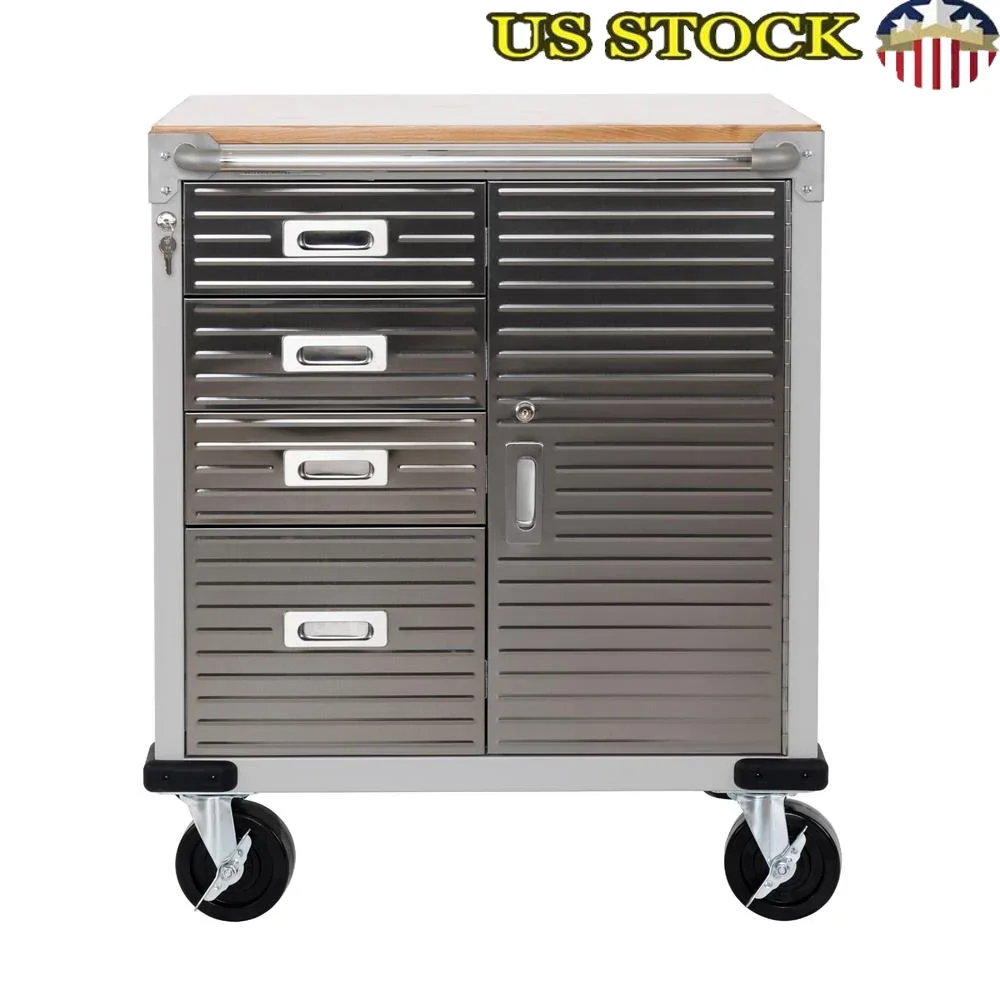 Workbench Table Stainless Steel Wood Top Cabinet 1-Door 4-Drawer Heavy Duty Rolling Garage Office Workshop