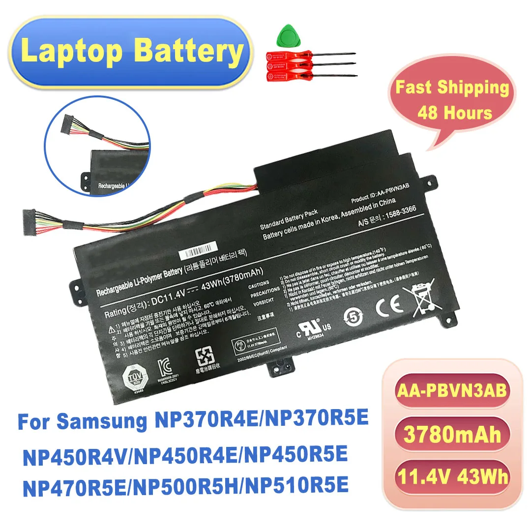AA-PBVN3AB 11.4V 43Wh 3780mAh Battery for Samsung NP370R4E/NP370R5E/NP450R4V/NP450R4E/NP450R5E/NP470R5E/NP500R5H/NP510R5E