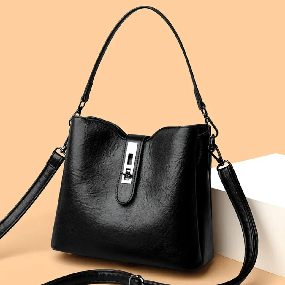 

New Women Luxury Brand Bucket Bag Solid Color Simple Shoulder Soft Leather Fashion Handbag Large Capacity Casual Shopping Bag