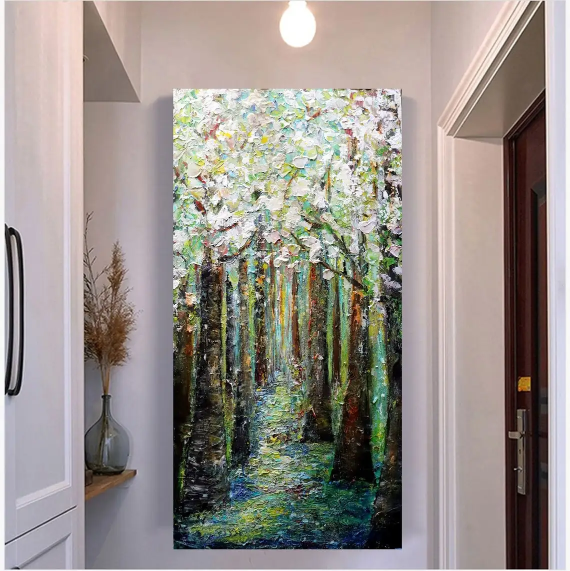 

Large Hand Painted Oil Painting Vertical White Bloom Forest Trees Landscape Large Texture Impasto Wall Art For Home Decoration