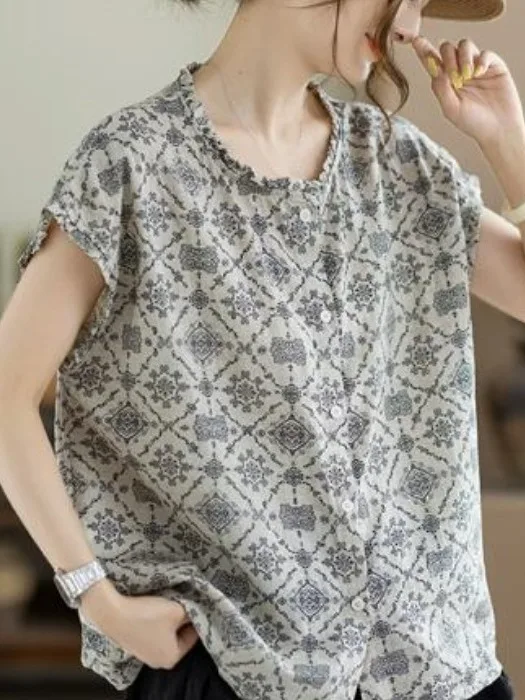 

Elegant Cotton Linen Shirt Women's Vintage Ruffle Collar Loose Floral Summer Top Artistic Style Short Sleeve Open Cardigan