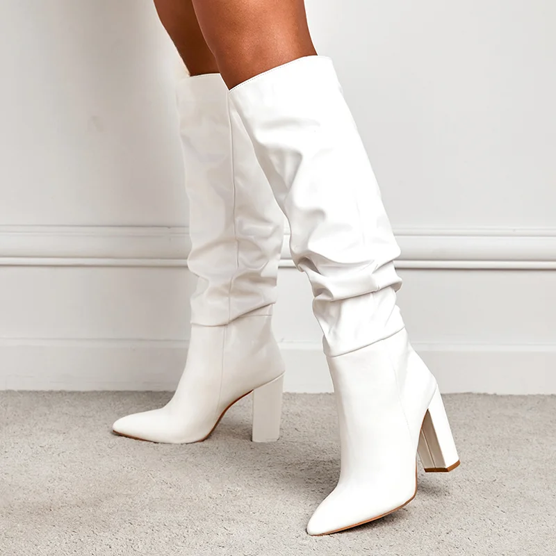 Size 35-42 White Pleated Leather Long Boots Women Autumn Winter Chunky Heels Motorcycle Knee High Shoes Botas Largas Mujer