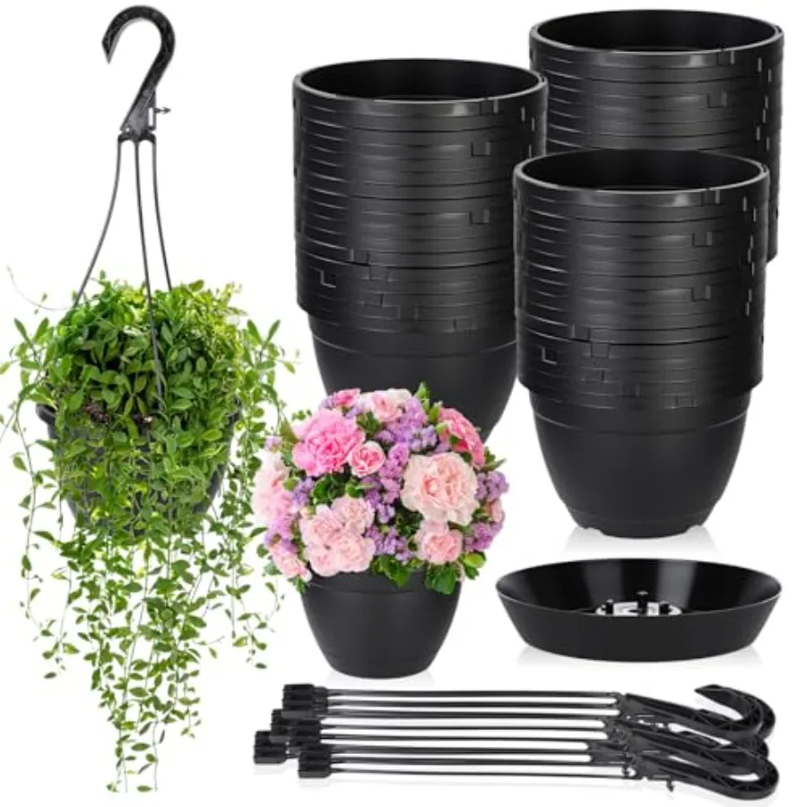 Outdoor indoor hanging plant pots for balcony porch garden use, black plastic, 6.3 inch, with hooks and drainage tray, 50 pcs b