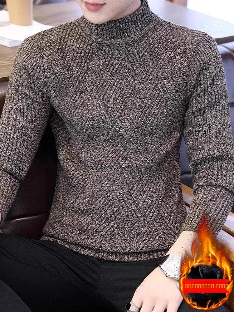 

Men's Winter Thiened Fce Lined Knitted Sweater f High Collar Diamond Twisted Line Trendy Base irt Casual Long Sv...