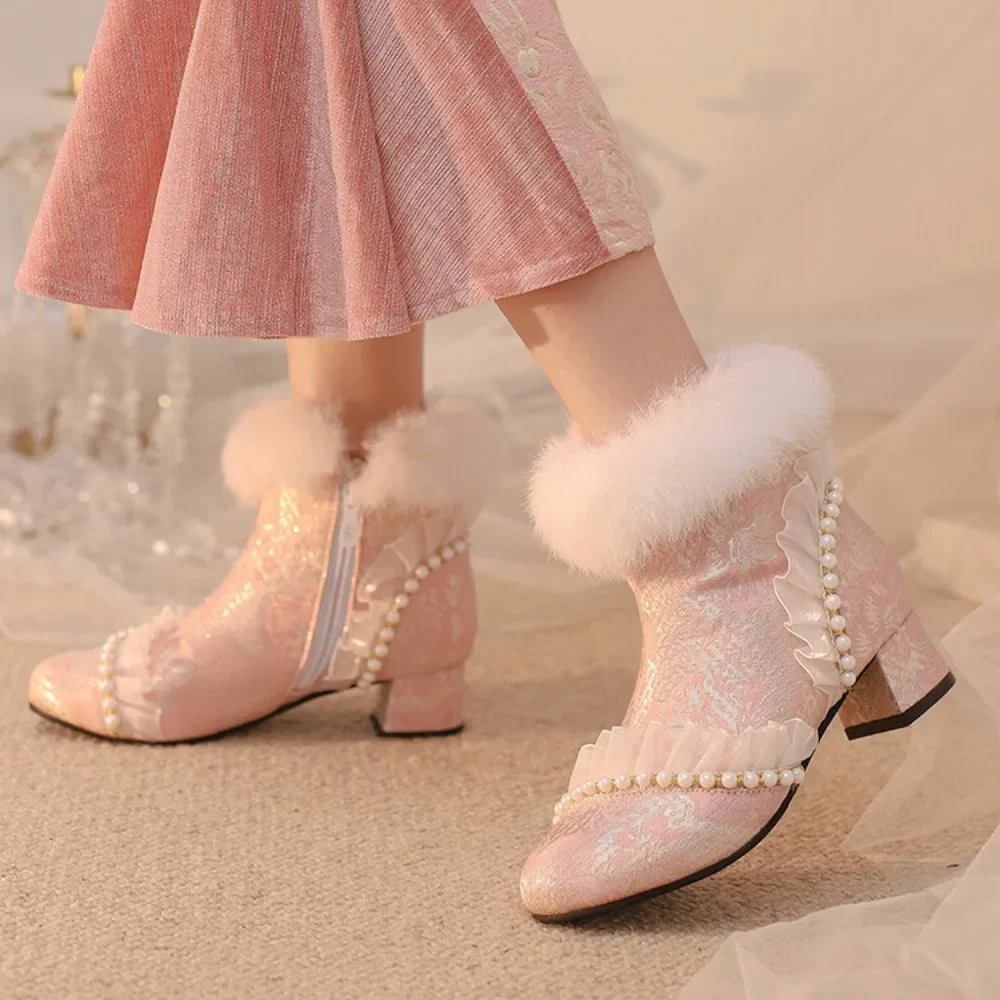 Womens Embroidery Ankle Boots Hanfu Fur Pearls Lace Warm Snow Winter Block Heel Chipao Shoes Chinese Styles Plus Size  New 2024