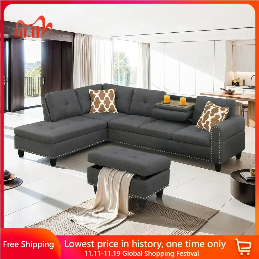 Convertible Sectional L Shaped Sofas with Storage, Chaise and Cup Holder, 4 Seat Modern Linen Fabric Sofá, Living Room Sofas