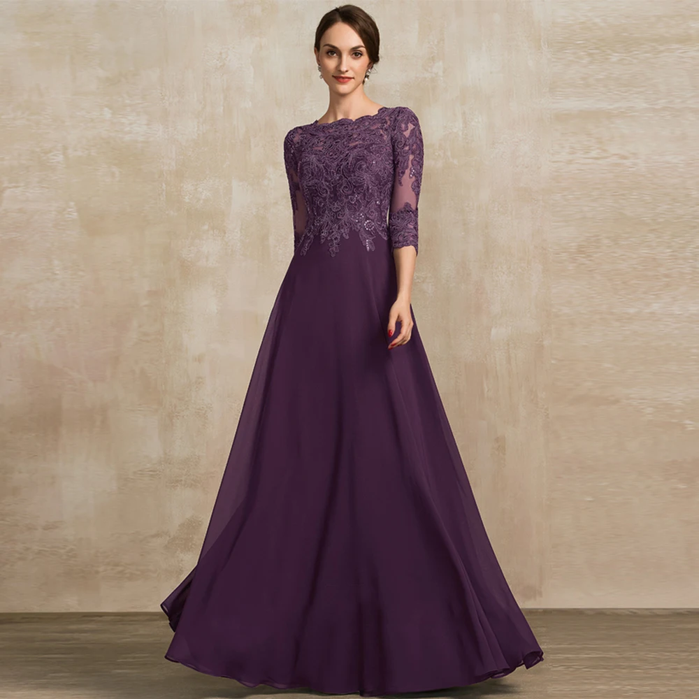 

Purple Scoop Mother of Bride Dresses 3/4 Sleeve Wedding Party Dresses for Women 2025 Summer New Chiffon Beach Robe De Soirée