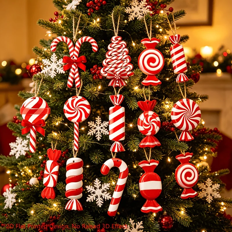 24/36 Stück Pfefferminz-Zuckerstangen-Ornamente aus Holz mit Juteseil - Rot-Weißer Muster, geeignet für Weihnachtsbaumdekorationen, Feiertage – Detail 2