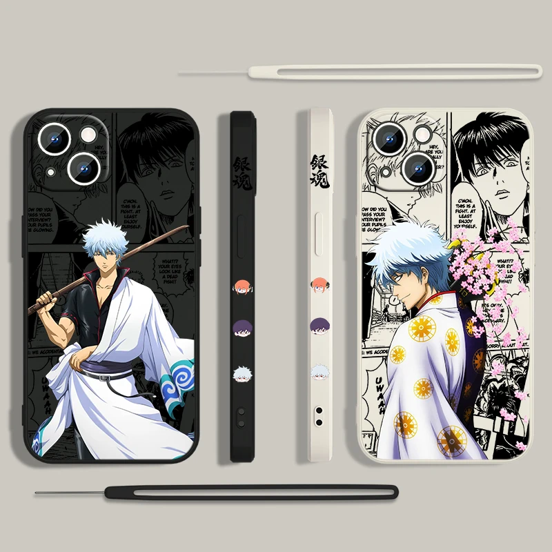 Gintama Sakata Gintoki Phone Case For Apple iPhone 15 14 13 12 11 Pro Max Plus 8 7 SE Liquid Left Rope Capa Cover