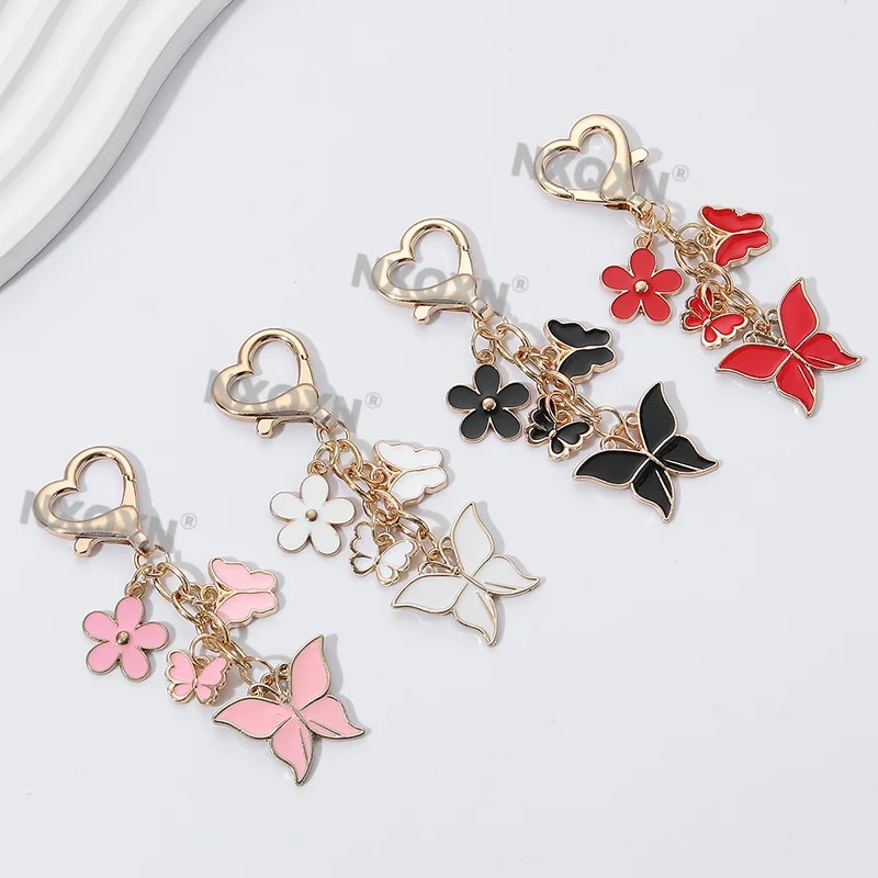 1pc Cute Cartoon Colorful Flower Butterfly Enamel Keychain Flying Insect Plant Key Ring For Women Girls Handmade Good Gift