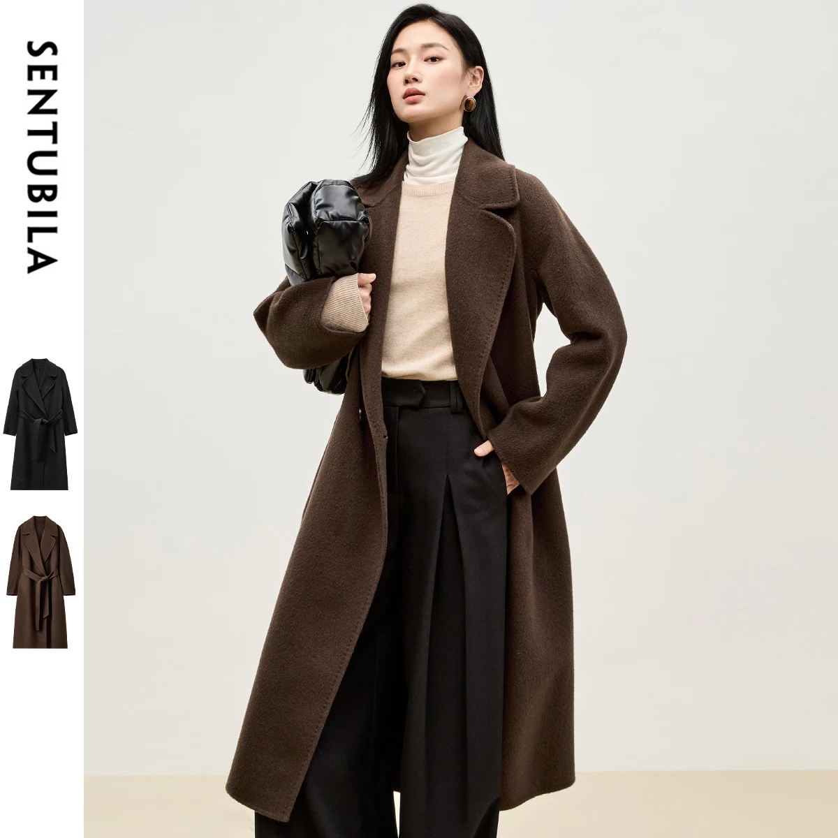 

SENTUBILA Straight Black Woolen Coat Jackets Women 2024 Winter Texture Double Sided Double Breasted Oversized Coat W44O56011