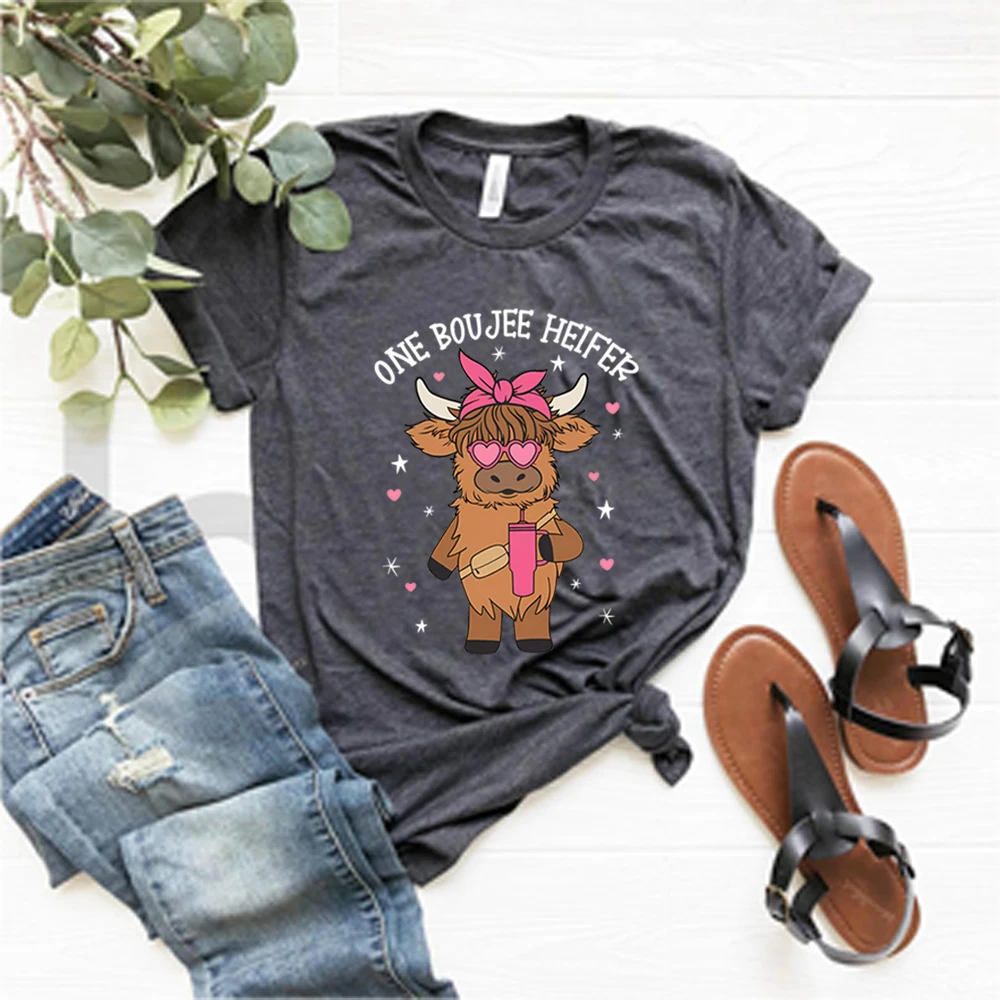 Heifer Valentine T Shirt Highland Cow Valentine Print Short Sleeve Shirt Valentine Day Western Country Shirts Love Cow Tops