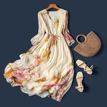Yaz Bayan Elbise Çiçek Baskı Şifon V Yaka Elbiseler Zarif Ofis Kadın Etek Mizaç Rahat A-line Uzun Etek