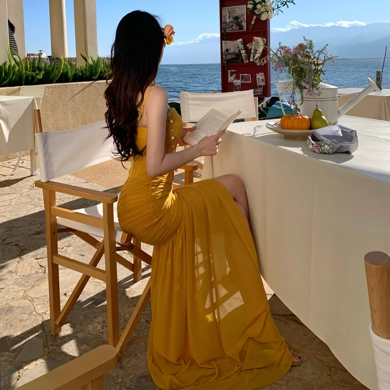 女性用イエローチュールボディコンイブニングガウン、サイドスリット入り、ボーン入り、パネル付き、ギャザー入りペンシルマーメイドスカート、エレガントなクラブパーティー、プロム、ドレス