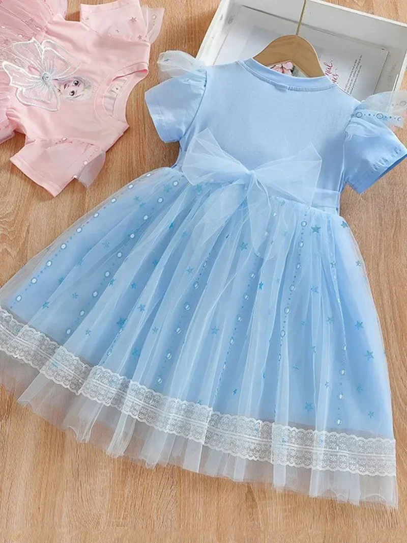 ديزني فتاة طفل قصيرة الأكمام منتفخ الشاش تنورة إلسا فتاة المجمدة الأميرة تنورة تي شيرت ميكي ماوس فستان صيفي جديد