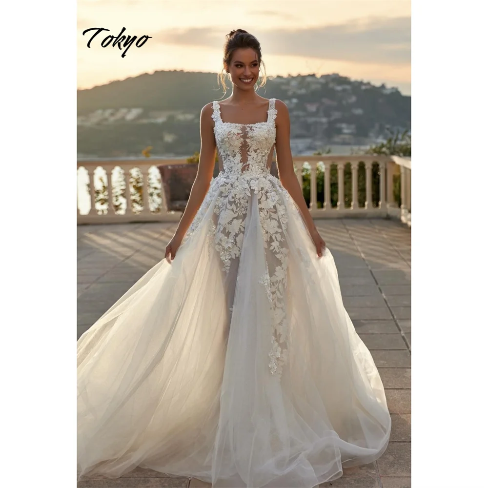 

Токио, белое свадебное платье с квадратным воротником, свадебное платье без рукавов со шлейфом, 2025 г., элегантное тюлевое свадебное платье трапециевидной формы