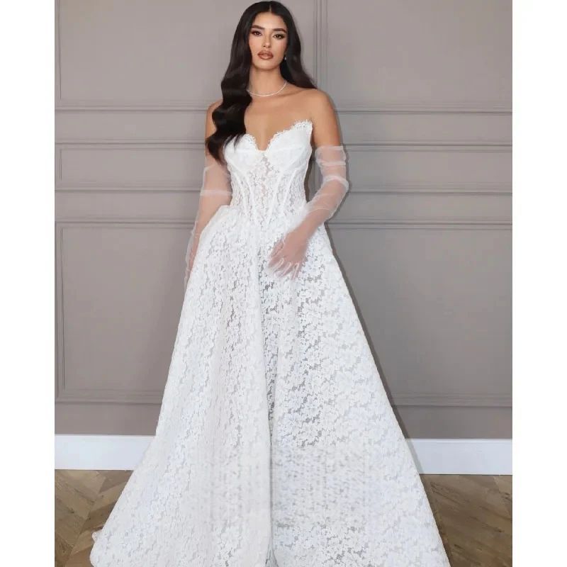 

Customized Exquisite Lace Ivory Wedding Dresses Sweetheart A Line Ball Gown Vestidos De Novia Back Bones Robe De Mariee